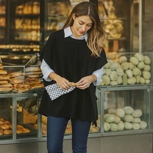 NWT J.JILL Black Merino Wool Tencel Poncho Minimalist Layering OS - NEW